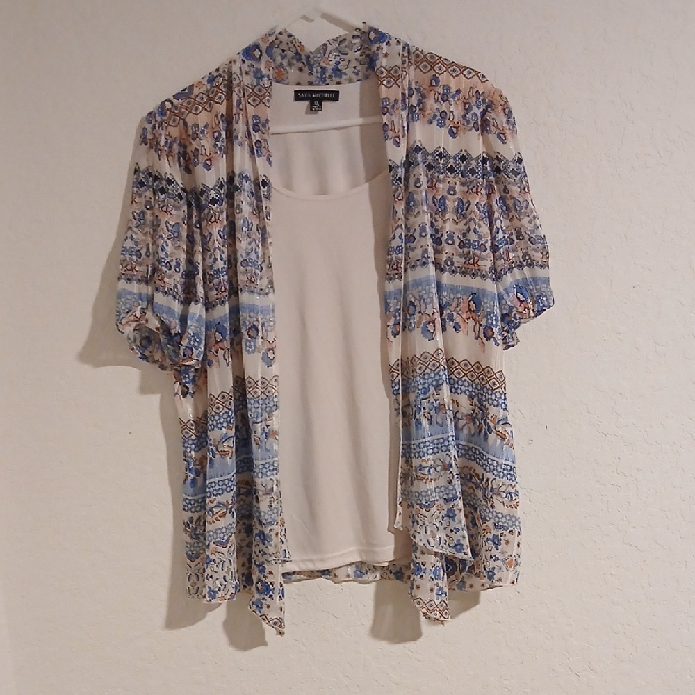 Sara Michelle Blue and Cream Boho Open Arm  Blouse W/Sewn In Shell Size XL